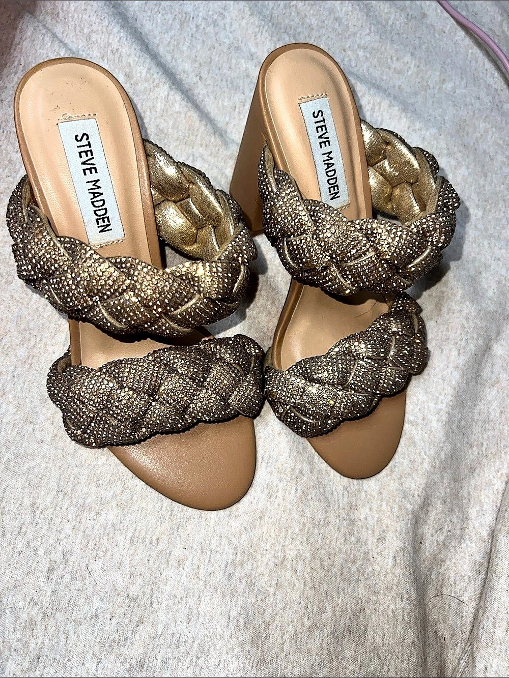 Steve Madden Kenley-R Rhinestone Braided Block Heel Sandal Brown & Gold US 5